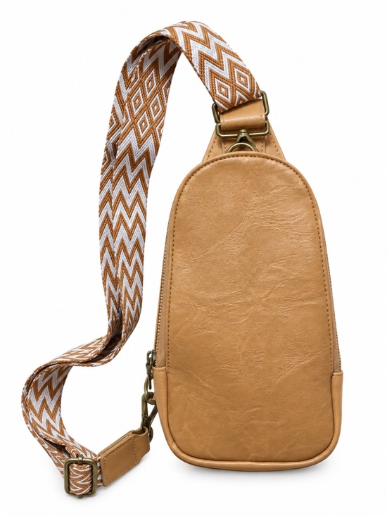 Handbags - Tan Crossbody Sling Bag with Patterned Strap